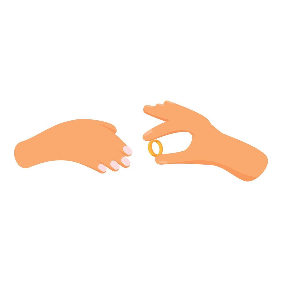Hand giving wedding ring to another hand, isometric illustration of marriage proposal vector