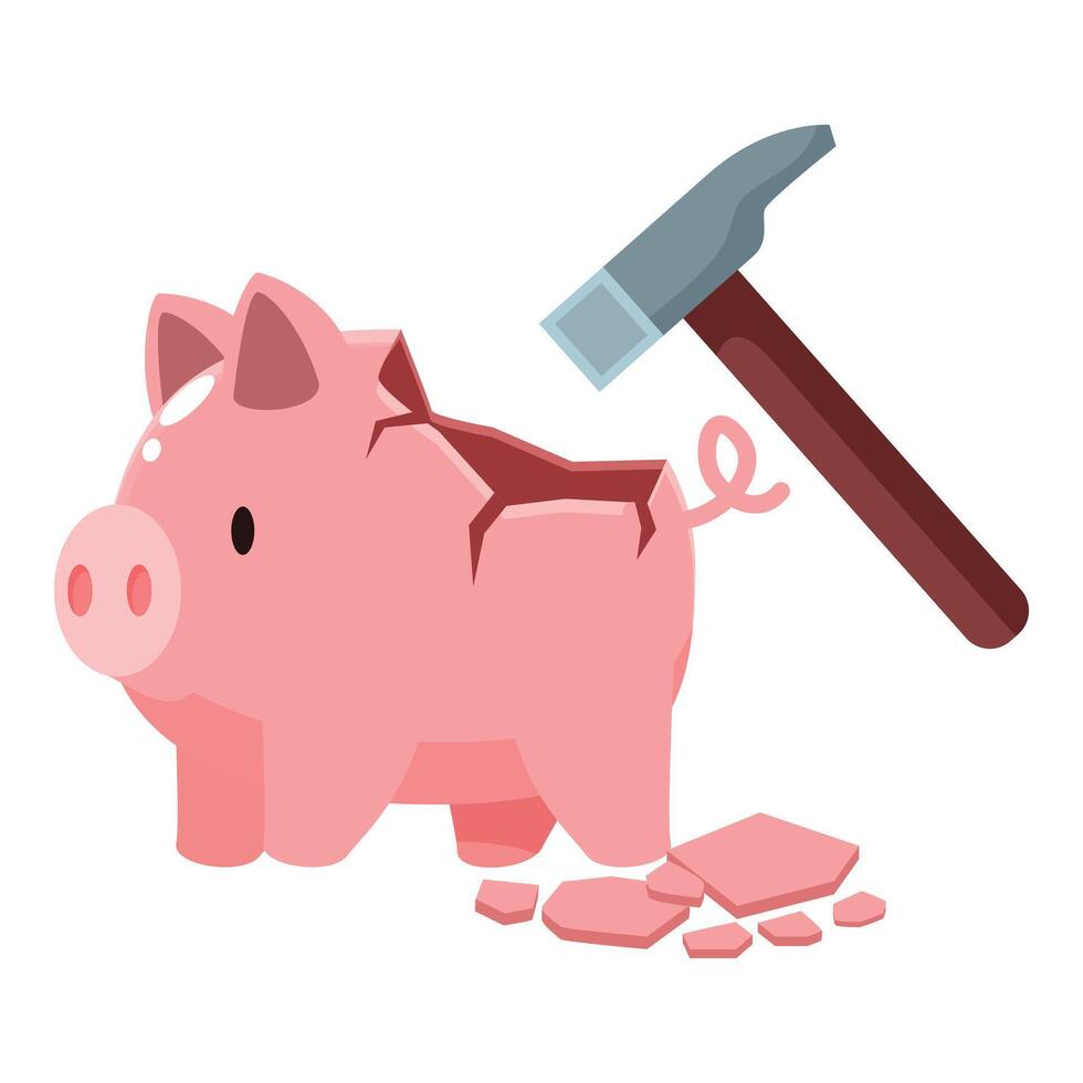 Hammer breaking piggy bank symbolizing financial hardship vector