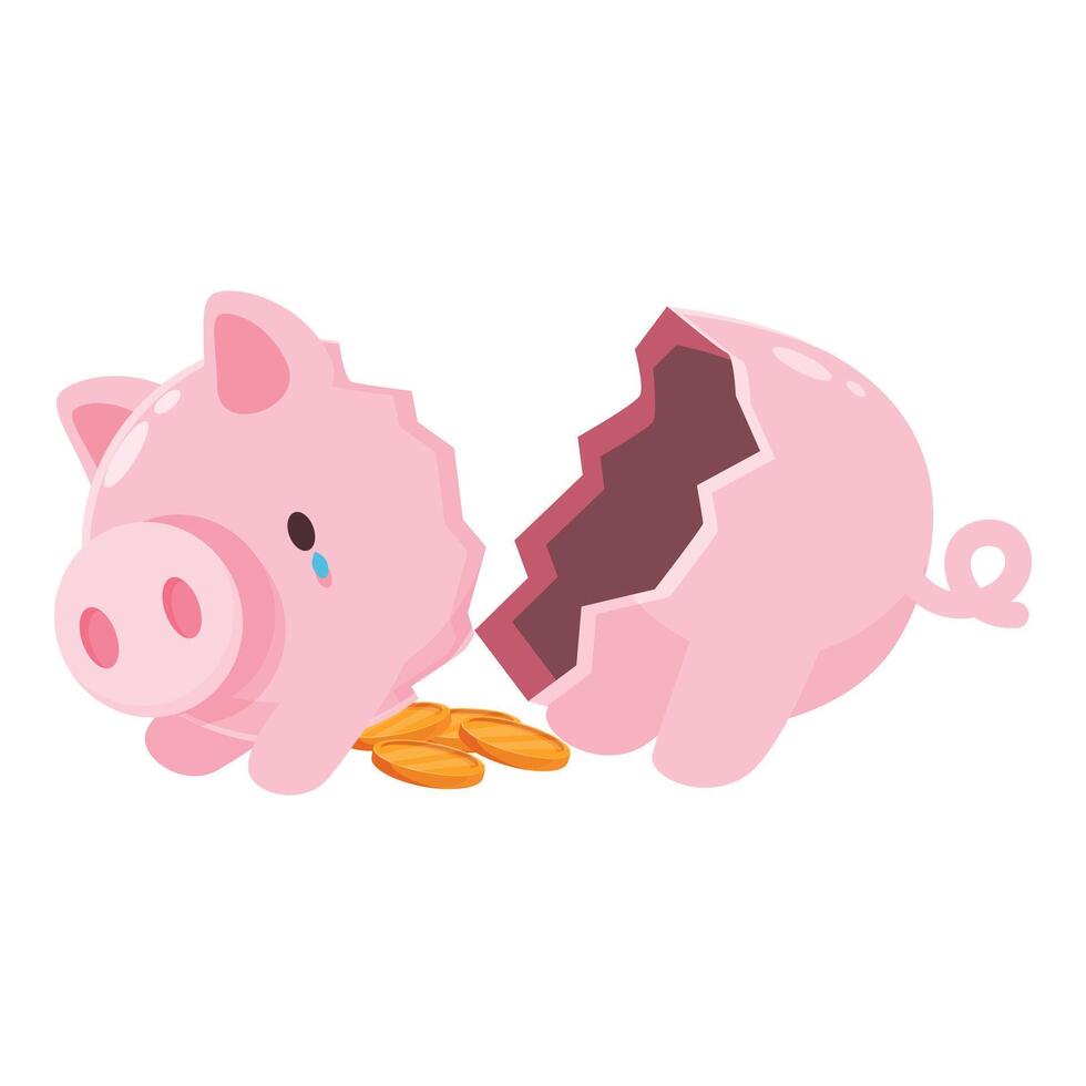 Broken piggy bank crying with few coins remaining illustrating economic crisis vector