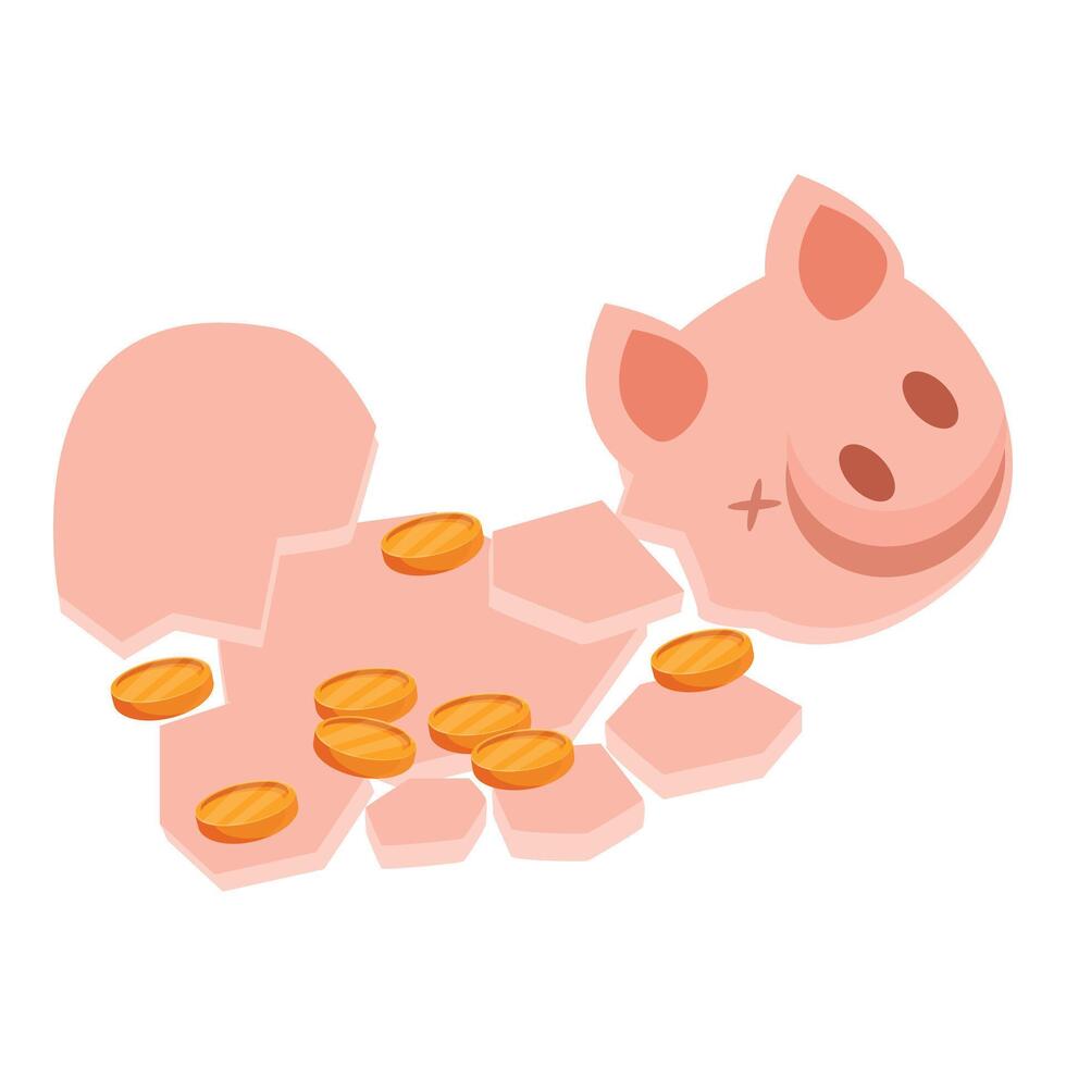 Broken piggy bank releasing savings coins, bankruptcy and financial crisis concept vector