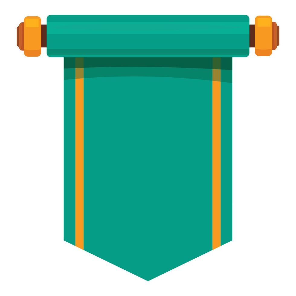 Green hanging banner with yellow stripes rolled up on wooden cylinder vector