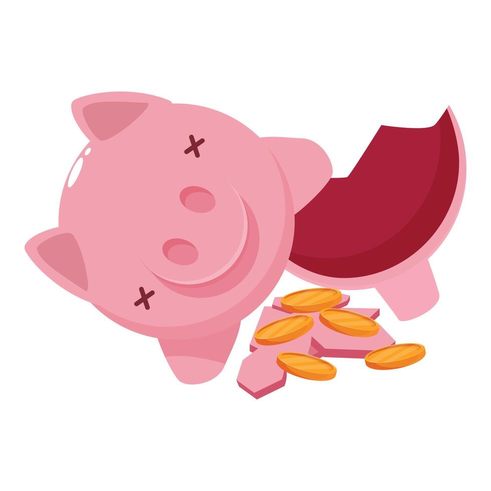 Broken piggy bank with scattered coins symbolizing financial loss vector