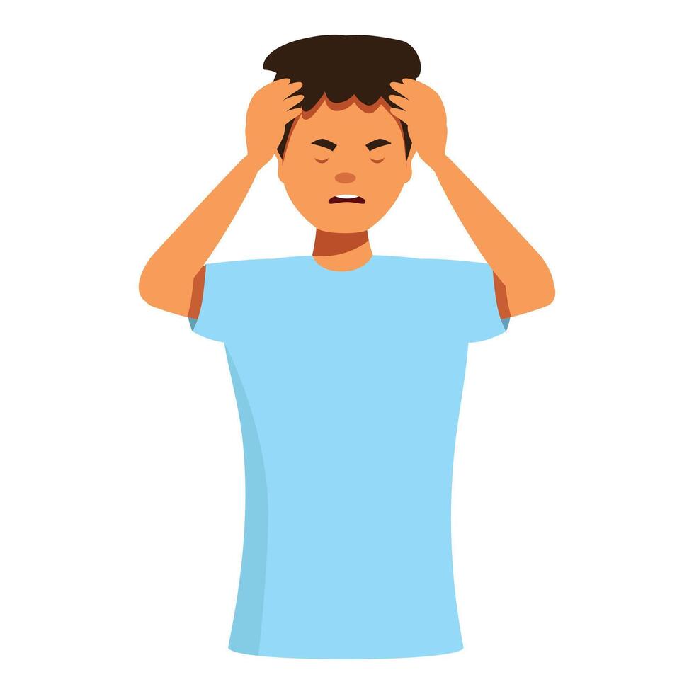 Young man suffering from strong headache, holding head with hands vector
