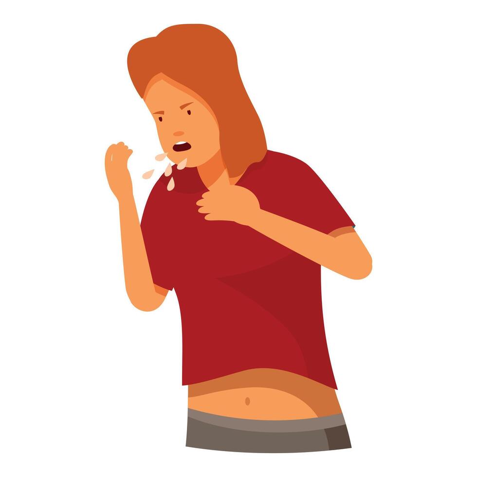 Sick woman coughing and holding chest, suffering from cough, flu, coronavirus or allergies vector