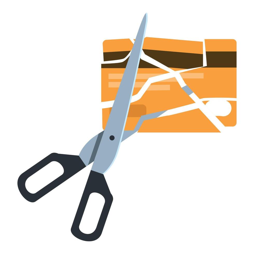 Scissors cutting credit card in half symbolizing debt cancellation and financial freedom vector