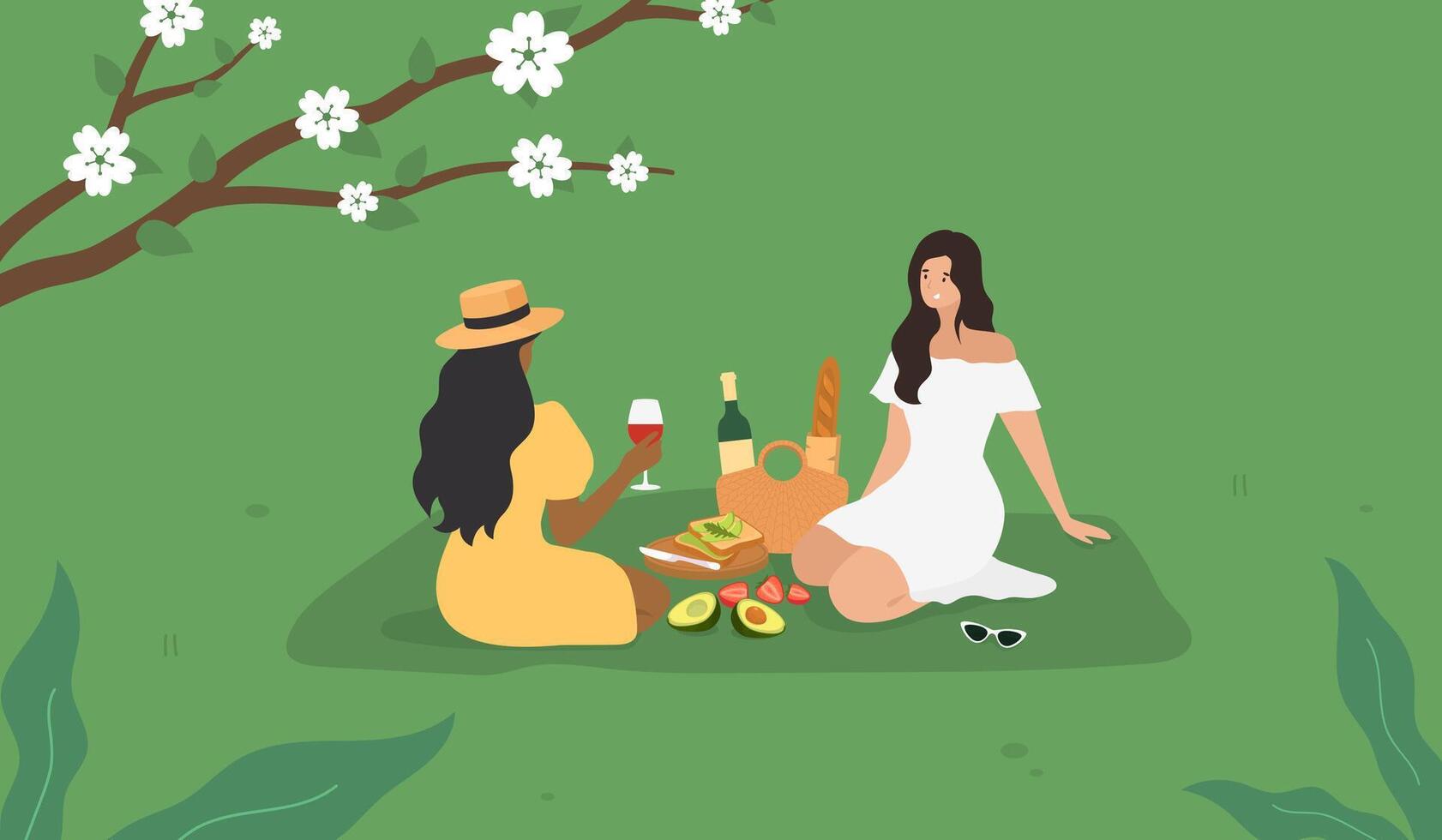 two women sitting on the grass with wine and food picnic vector