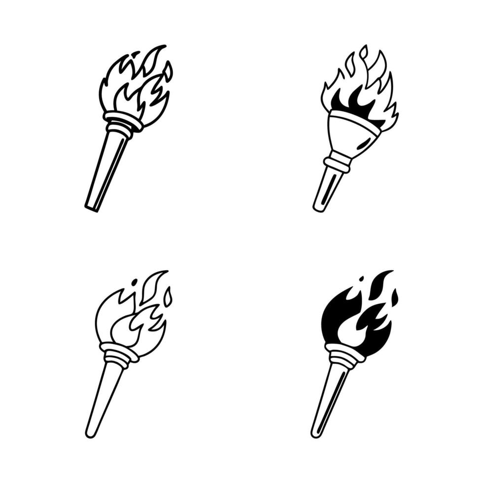Flat Design of Fire Torch Icon Set Illustration in Silhouette Style with unique flame and handle vector