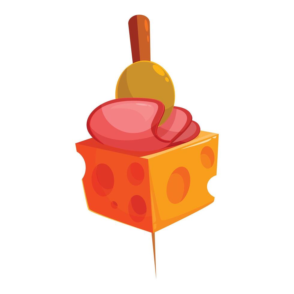 Cartoon canape with cheese, sausage, and olive on a stick vector