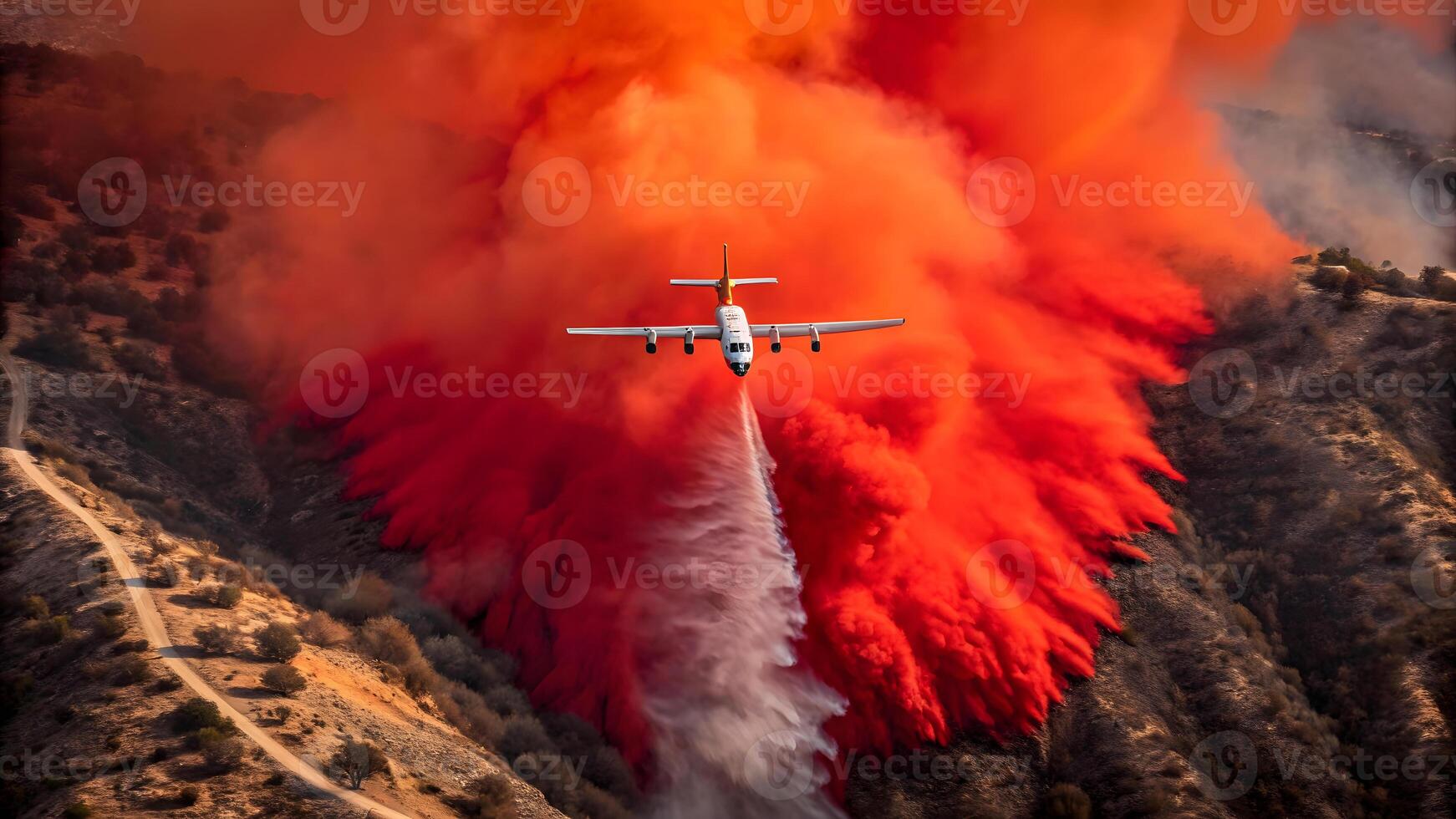 Firefighting plane drops water over a hilly wildfire, surrounded by vivid orange smoke and rugged terrain. Concept of fire suppression photo