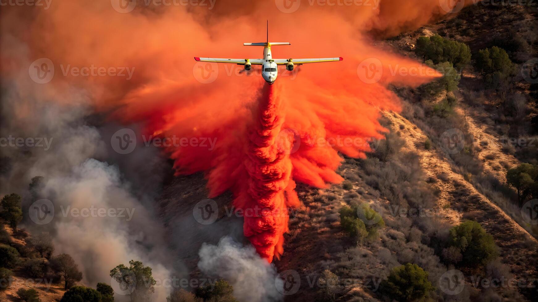 Firefighting plane dispersing red retardant over a smoky wildfire in dry, rugged hills with sparse vegetation, showcasing aerial suppression photo