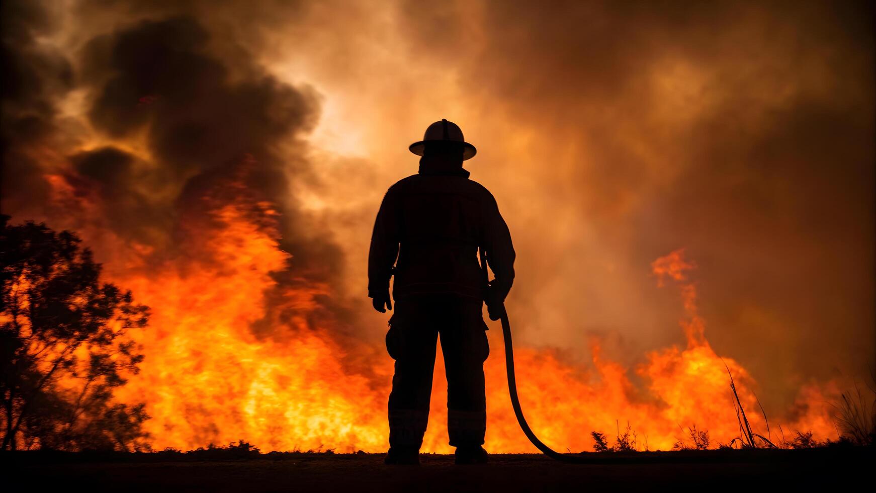 Silhouette of a firefighter holding a hose facing intense wildfire flames, set against a smoky, dramatic natural background photo