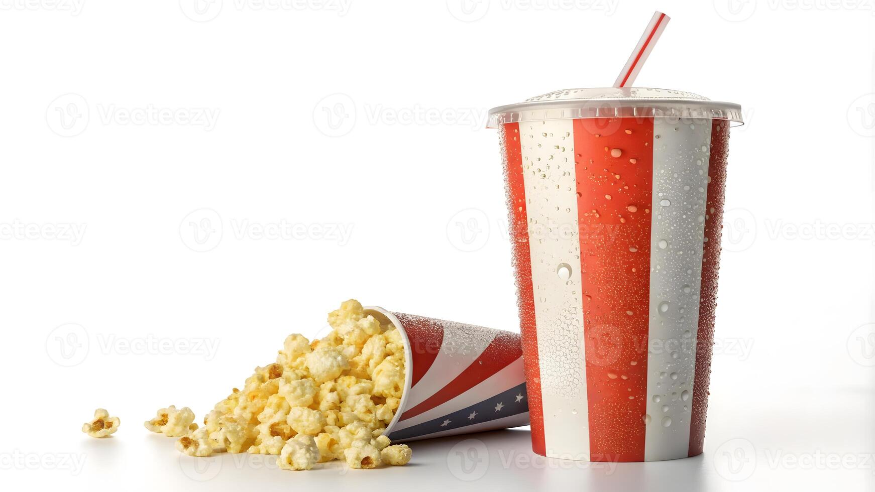 Popcorn and soda in striped containers on white background. photo