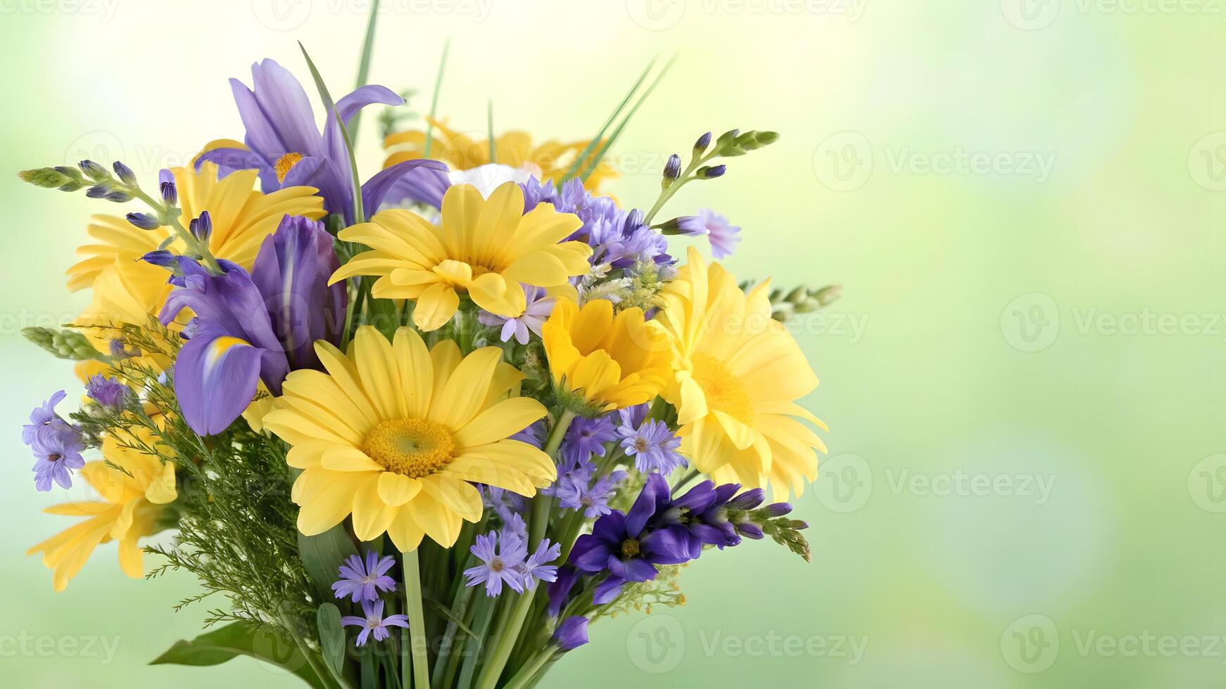 Bouquet of yellow daisies and purple irises on soft green background. photo