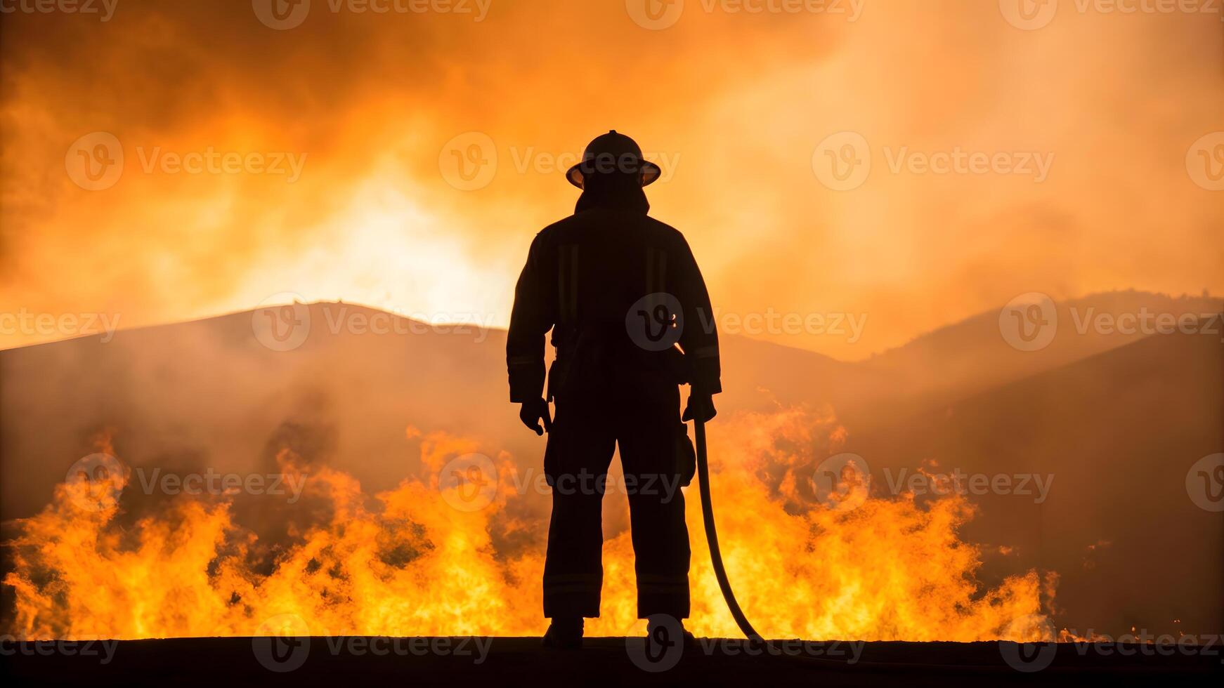 Firefighter in silhouette holding a hose, standing before blazing flames under a dramatic smoky sky, symbolizing bravery photo