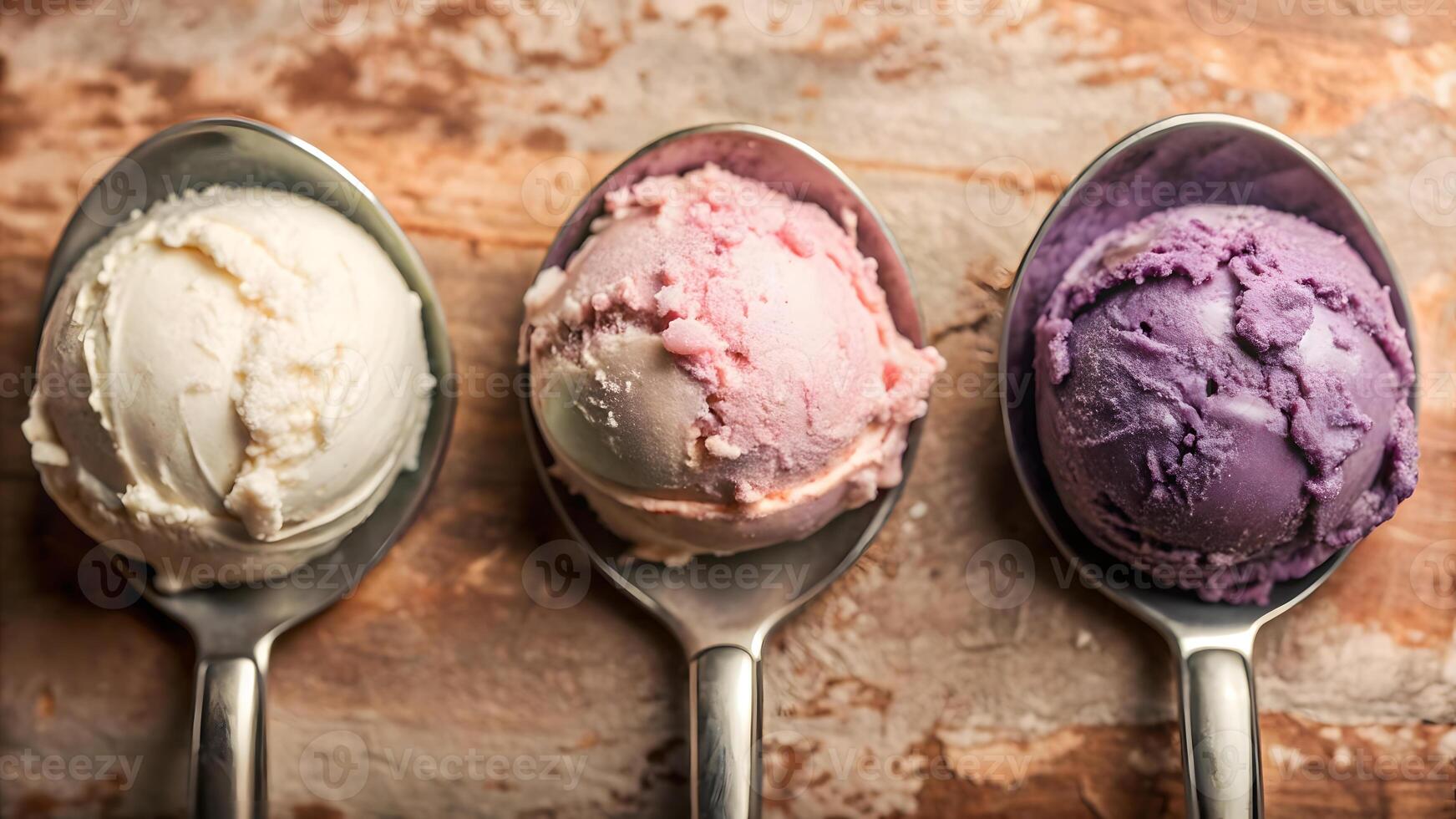 Three scoops of colorful ice cream on metal spoons. photo