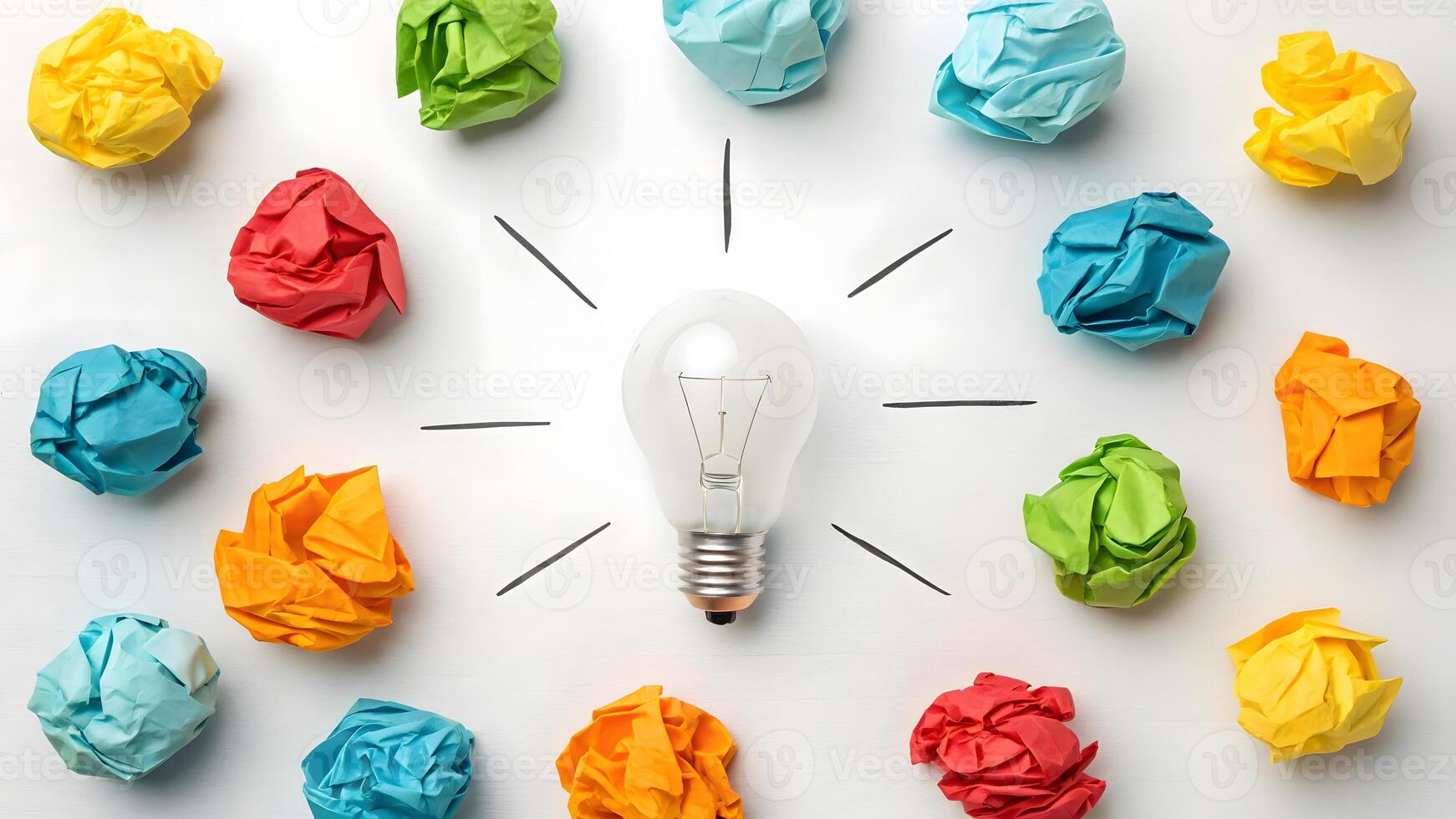 Light bulb surrounded by colorful crumpled paper balls on white background. photo