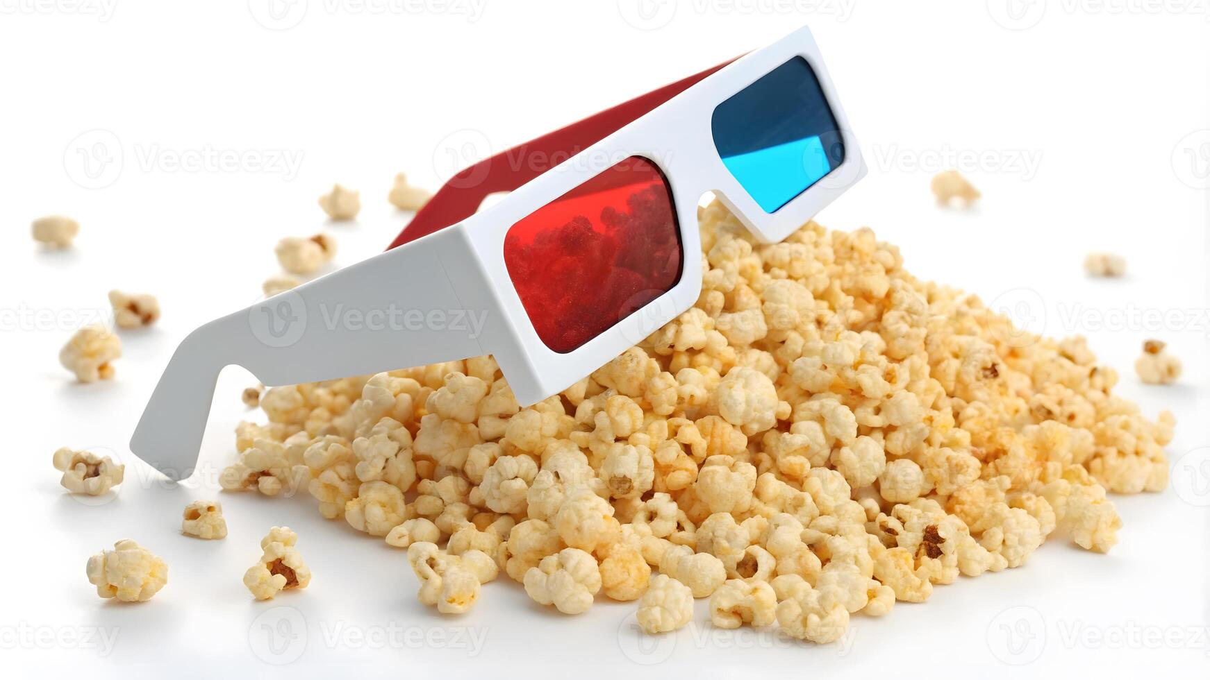 3D glasses resting on a pile of popcorn. photo