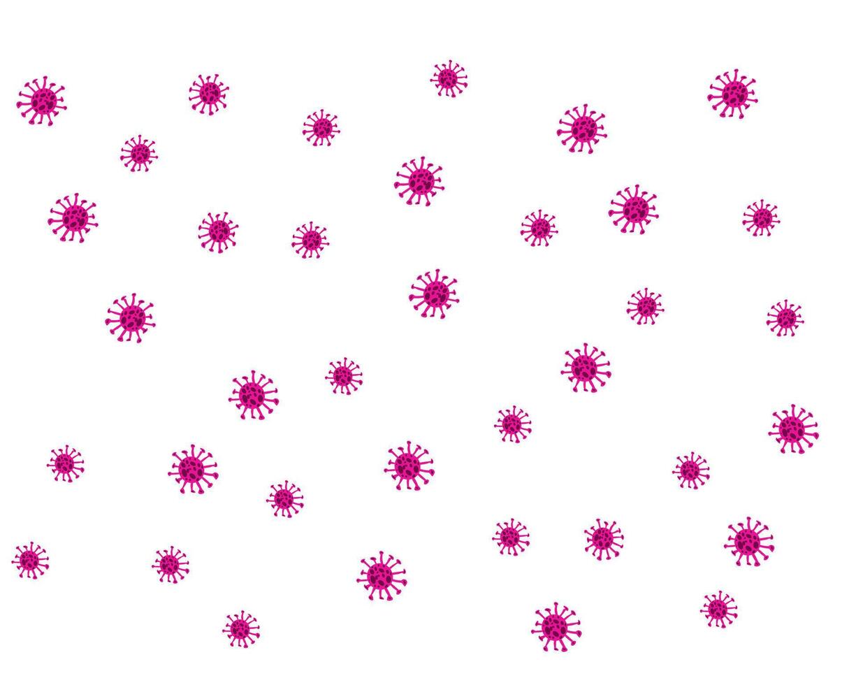 Pattern of pink virus particles scattered across a white background. Perfect for illustrating concepts of infection, contamination, or disease transmission vector