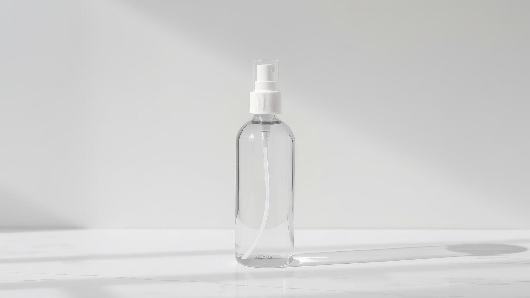 Facial mist bottle on marble surface with pale gray backdrop photo