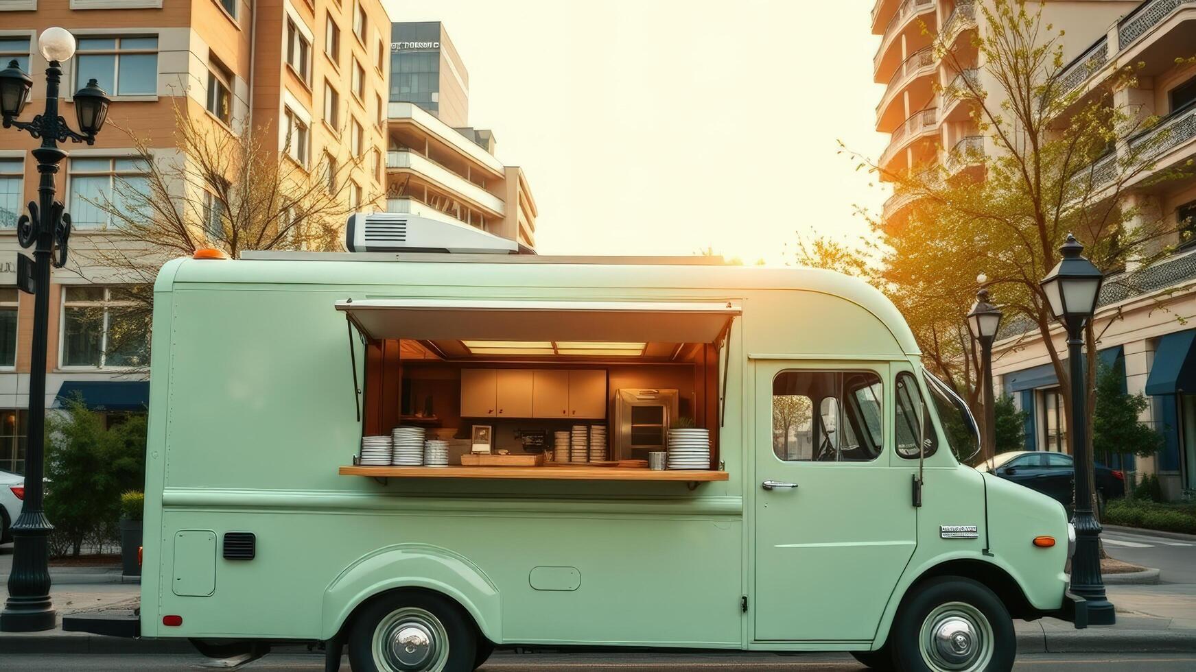 Vintage food truck with mint green exterior parked on city street photo