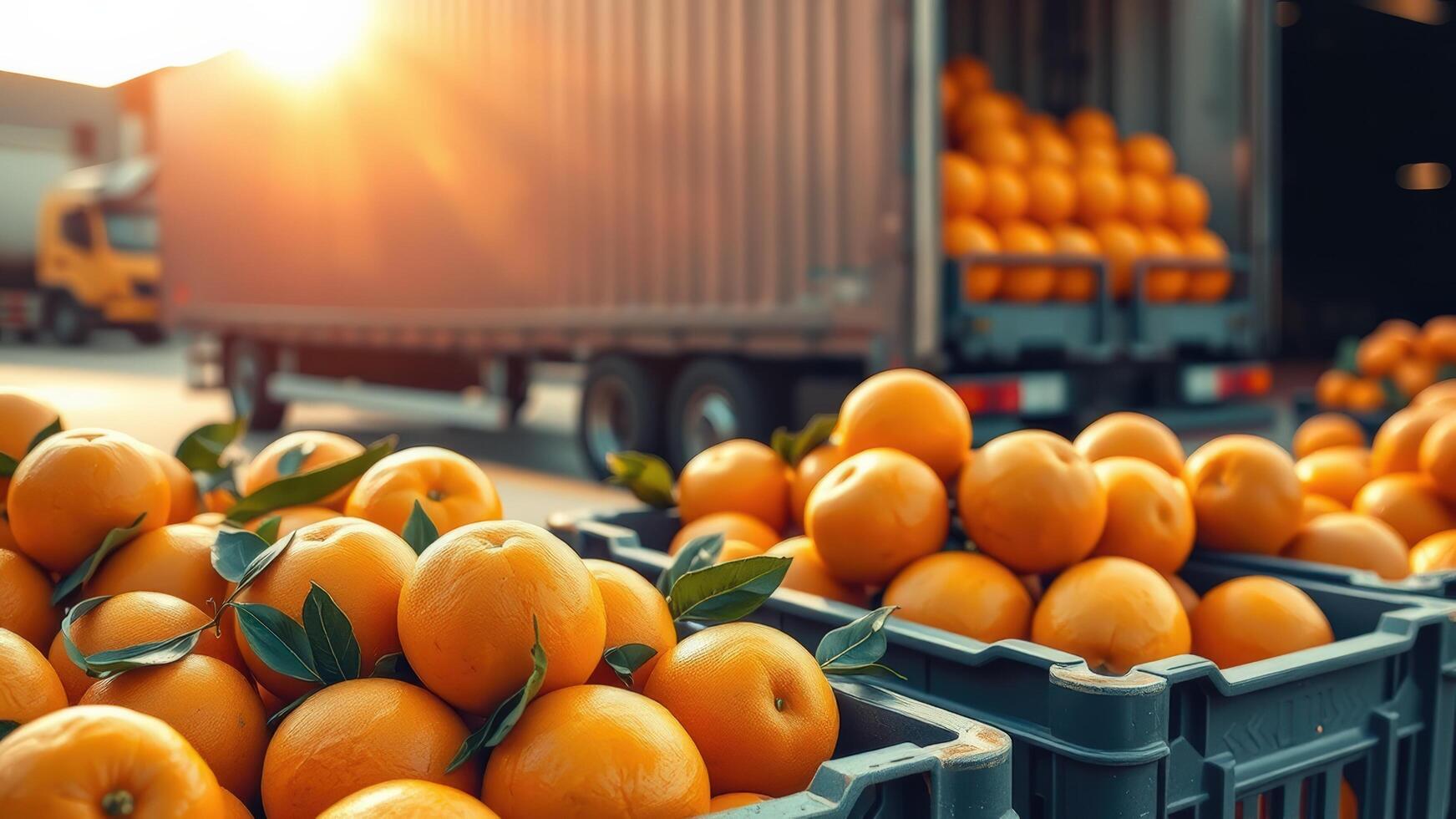 Freshly harvested oranges in crates with bright golden hour lighting photo