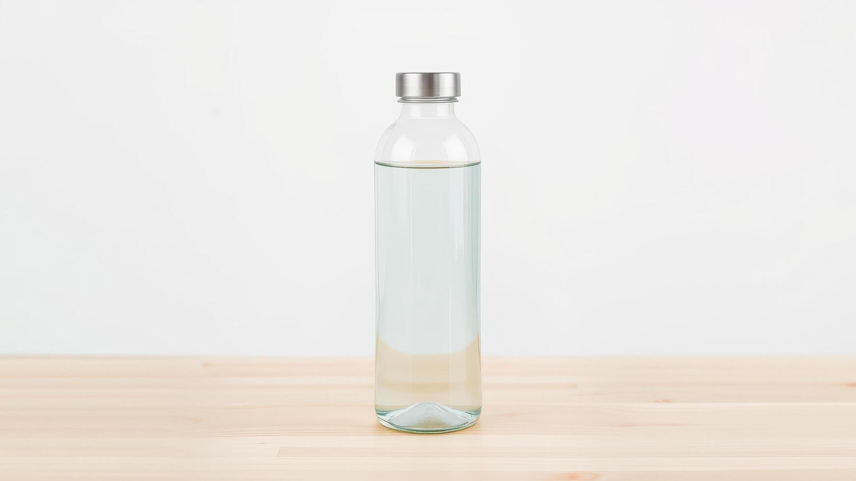 A clear glass water bottle with a stainless steel lid on a light wood table photo