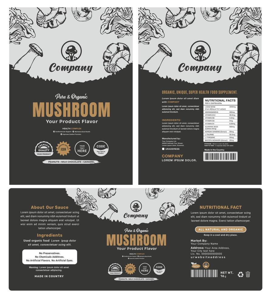 Modern mushroom packaging featuring a custom Eco-friendly food product label with a black and white design. vector