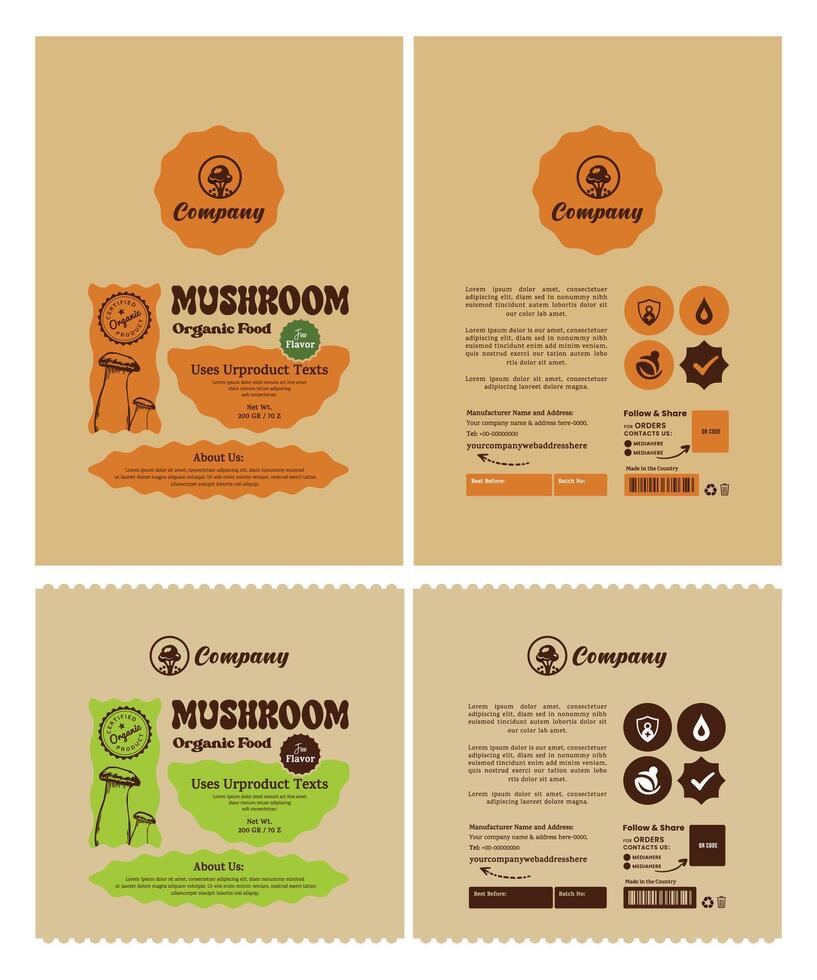 Modern organic mushroom supplement Label, eco-friendly style with hand-drawn illustrations, Stand up pouch bag for food packaging, branding, and health products. vector