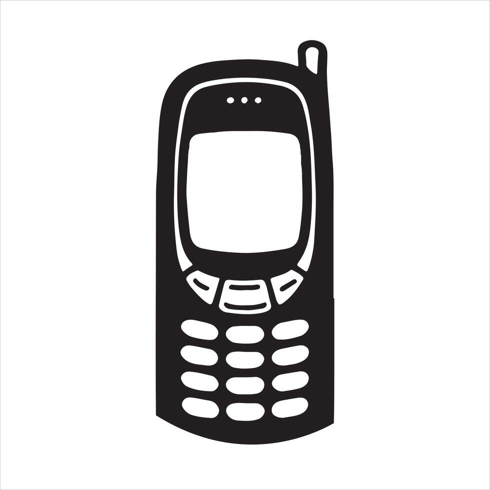 Thin black outline of a old mobile phone black silhouette on white background vector