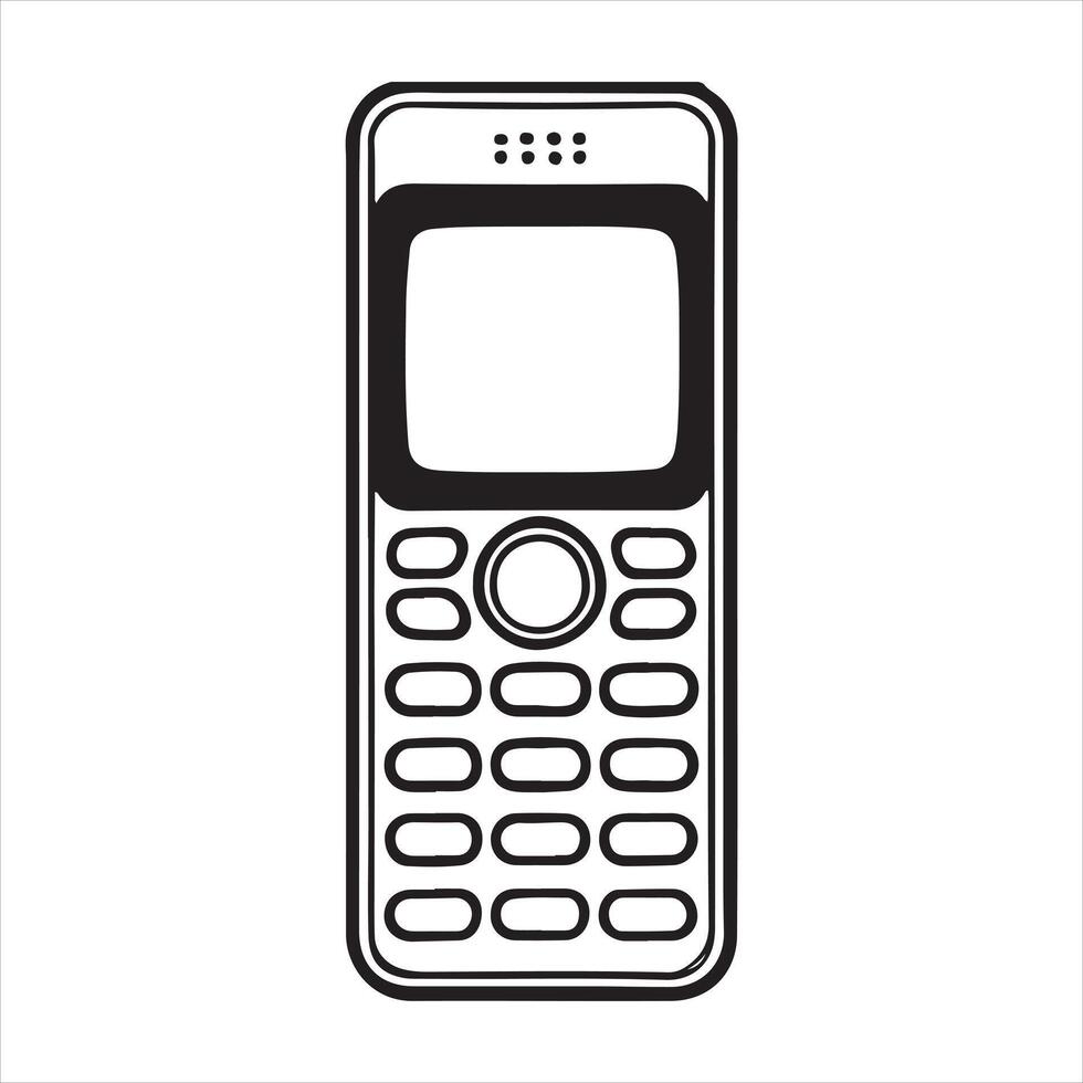 Thin black outline of a old mobile phone silhouette white background vector