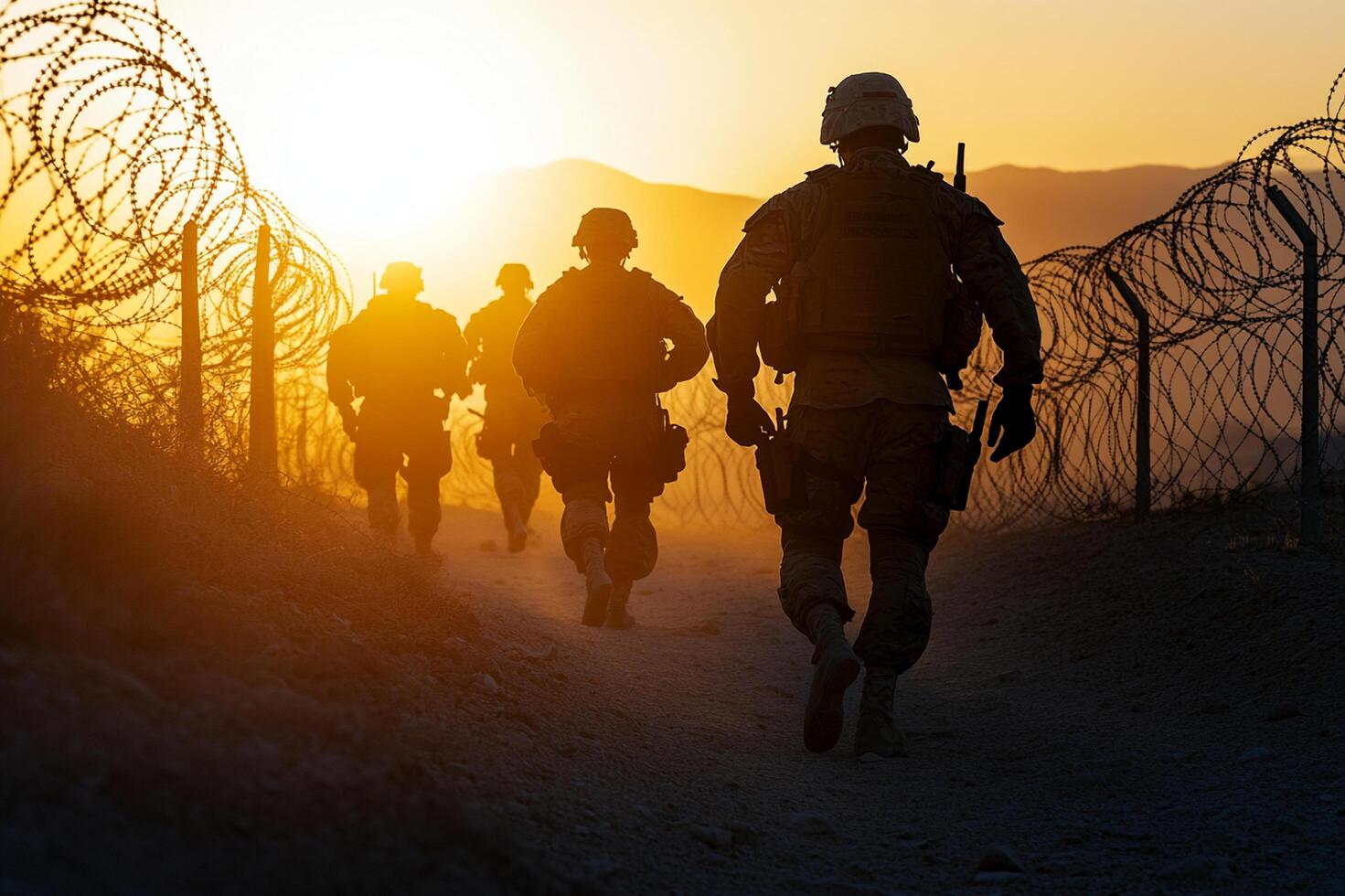 Silhouetted soldiers in tactical gear walking along a barbed wire fence at sunset, creating a dramatic military scene photo