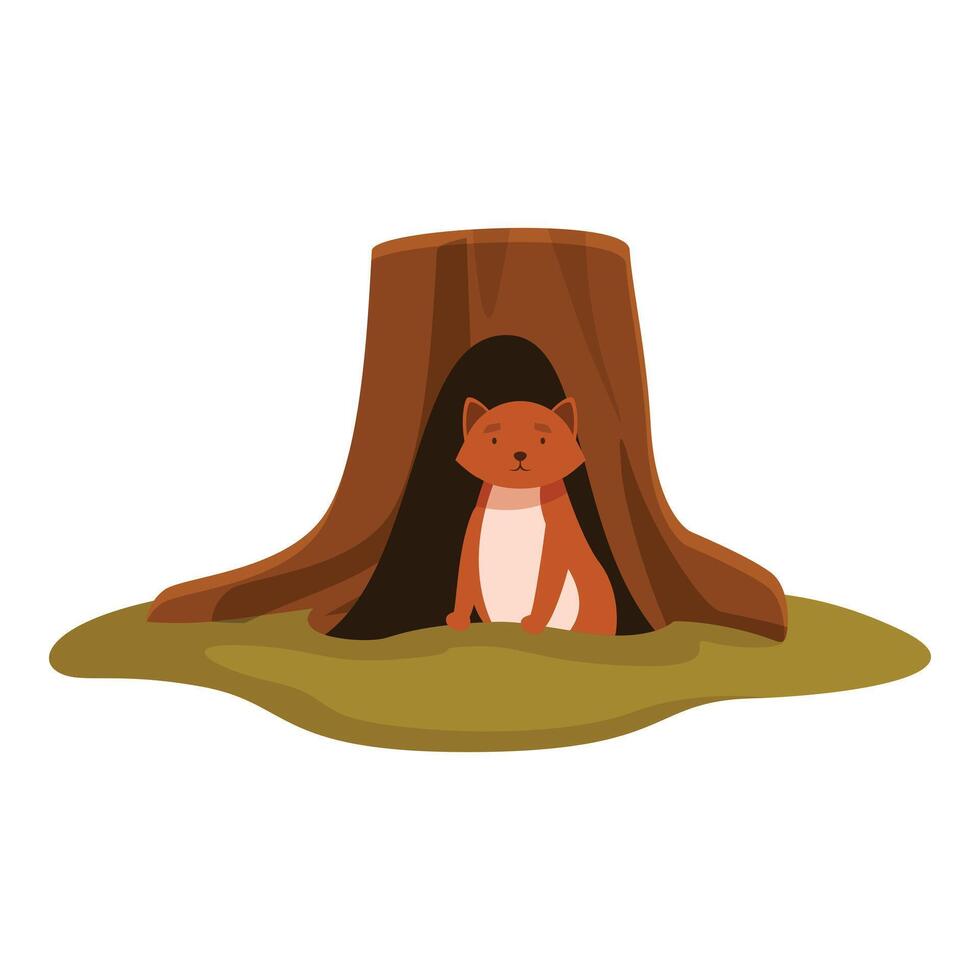 Cute fox hiding in tree trunk hollow in forest, wildlife scene vector