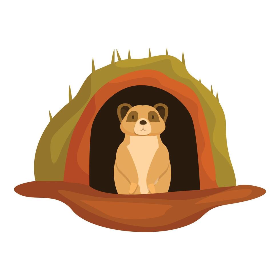 Meerkat sitting in burrow, emerging from ground, observing surroundings vector