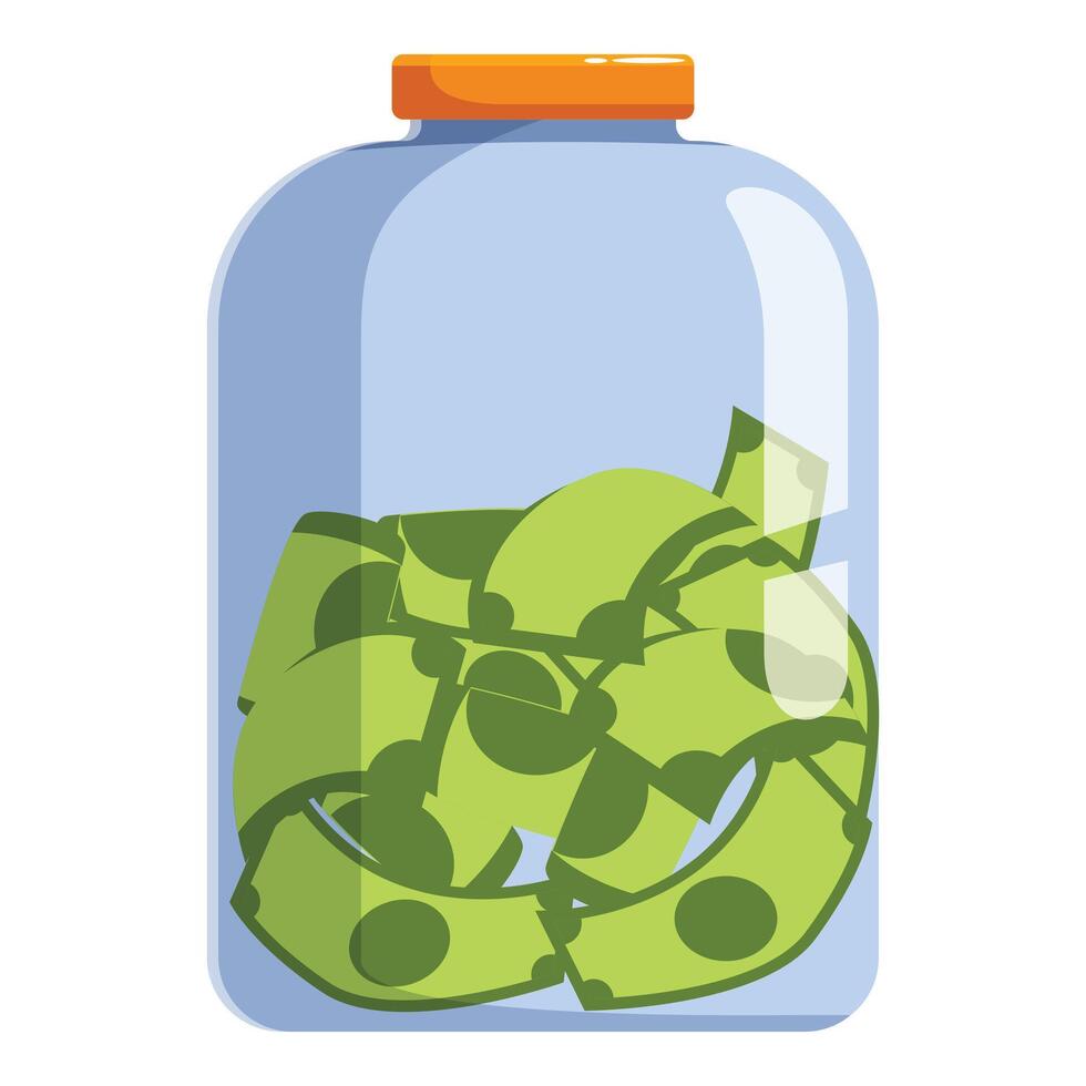 Glass jar containing rolled up dollar bills symbolizing savings and investment vector