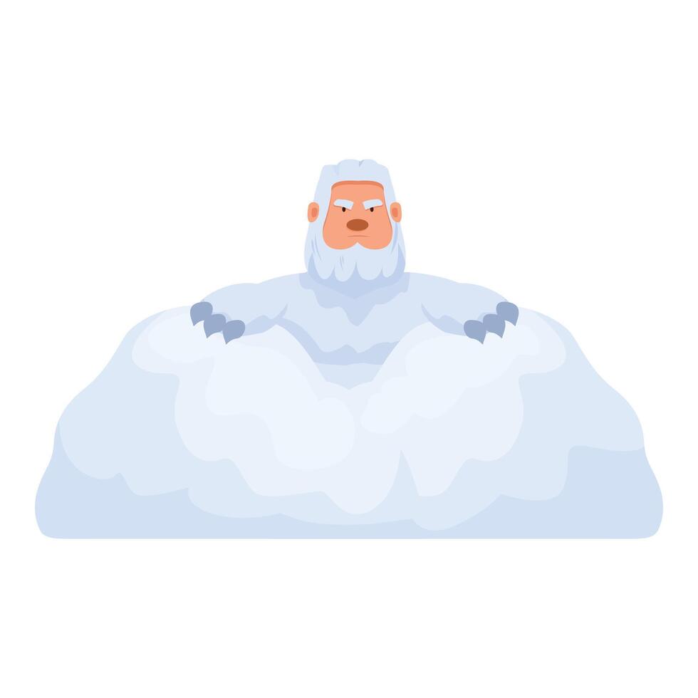 Grumpy yeti hiding behind snowdrift, winter creature resting in snow vector