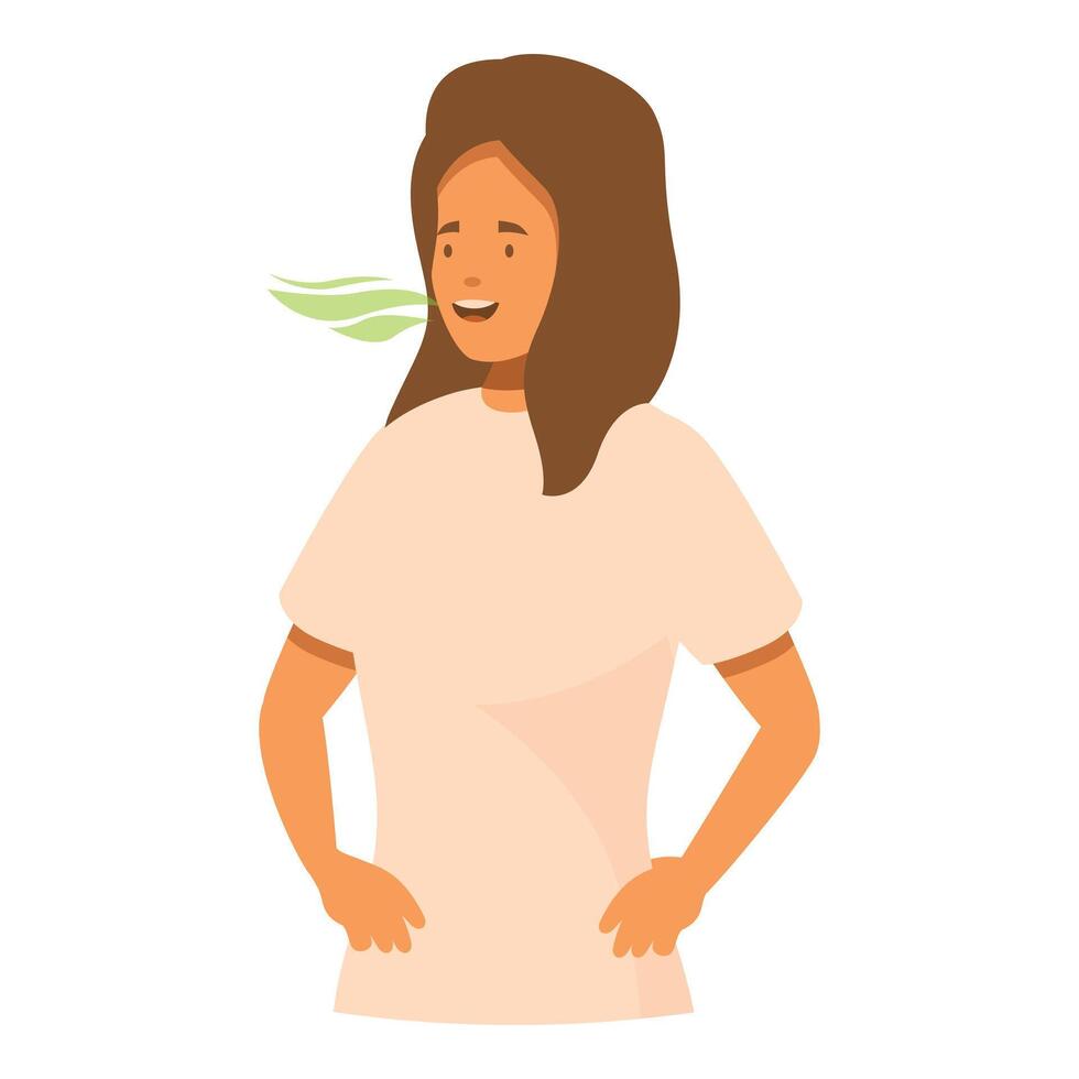 Young woman having halitosis problem, exhaling bad breath with green stinky cloud vector