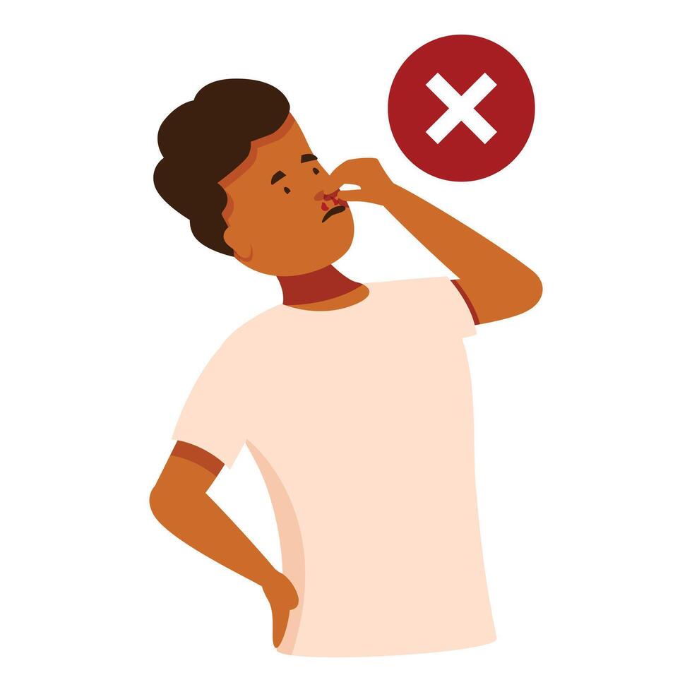 Man picking nose with prohibition sign, bad habit concept vector