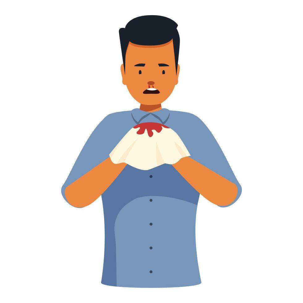 Man having nosebleed holding tissue against his nose vector