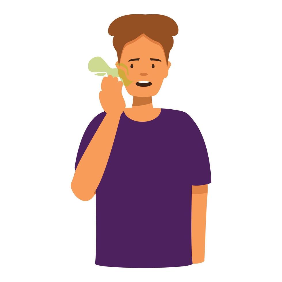 Young man covering his nose from bad smell, expressing disgust vector