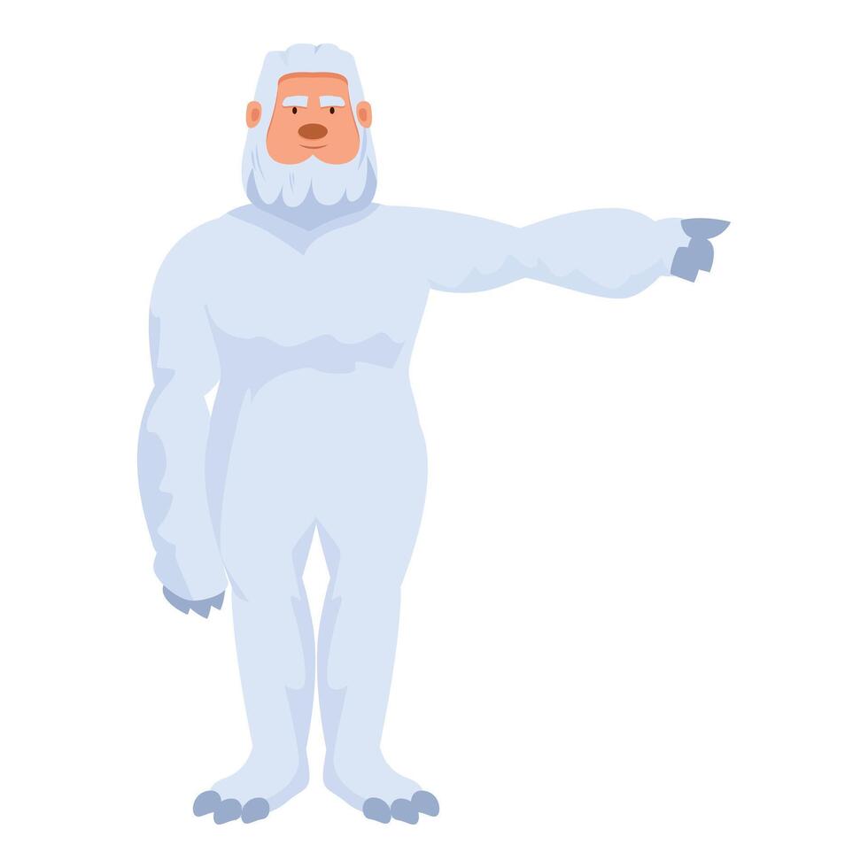 Friendly yeti or bigfoot pointing with finger to side cartoon character vector