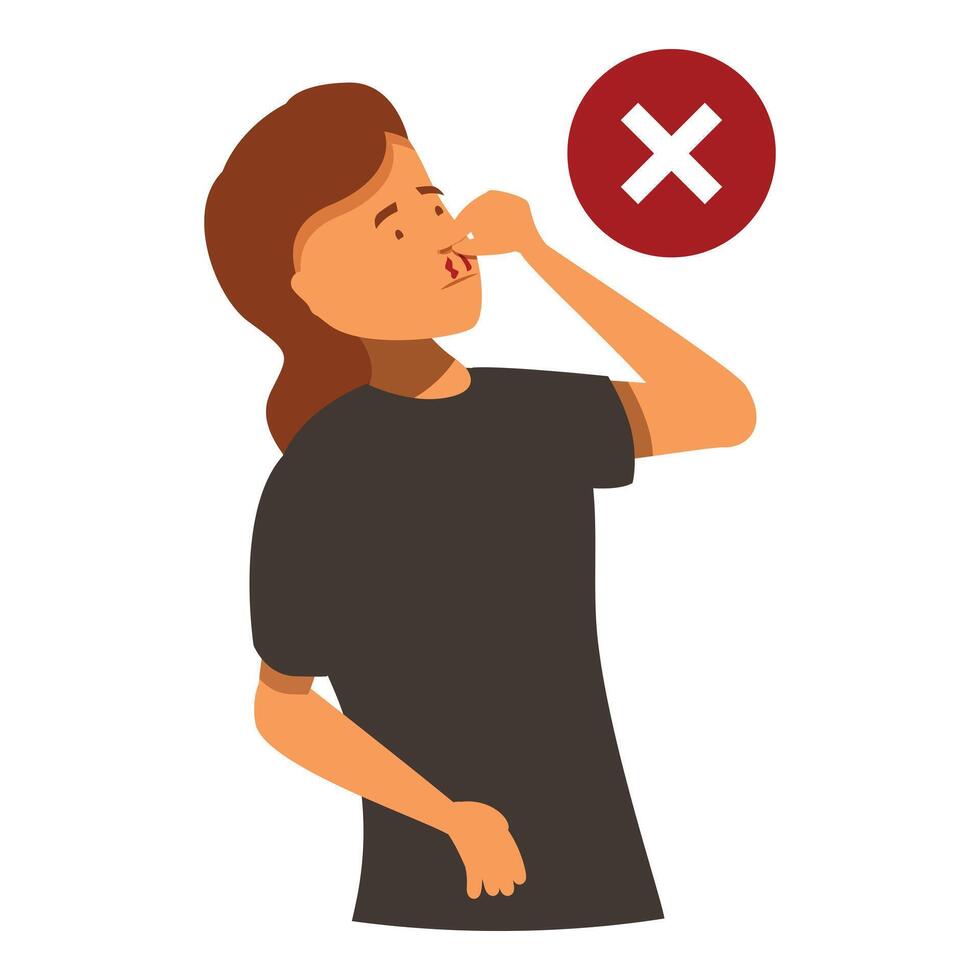 Woman picking nose with red cross showing bad habit and rhinitis nasal problems vector