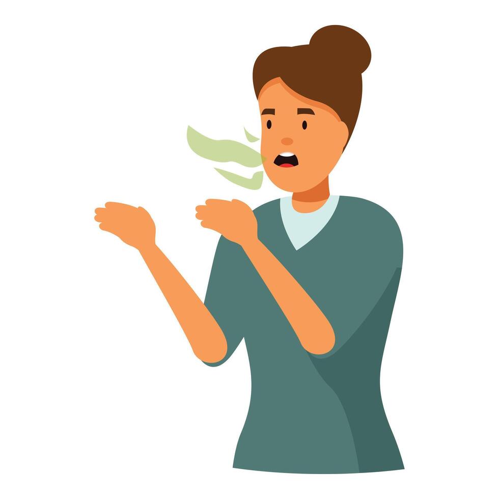 Woman experiencing halitosis and feeling disgusted by bad breath vector