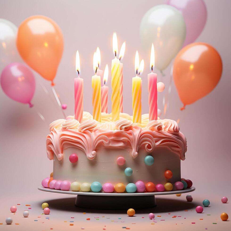 Colorful birthday cake with 7 candles on top and colorful photo