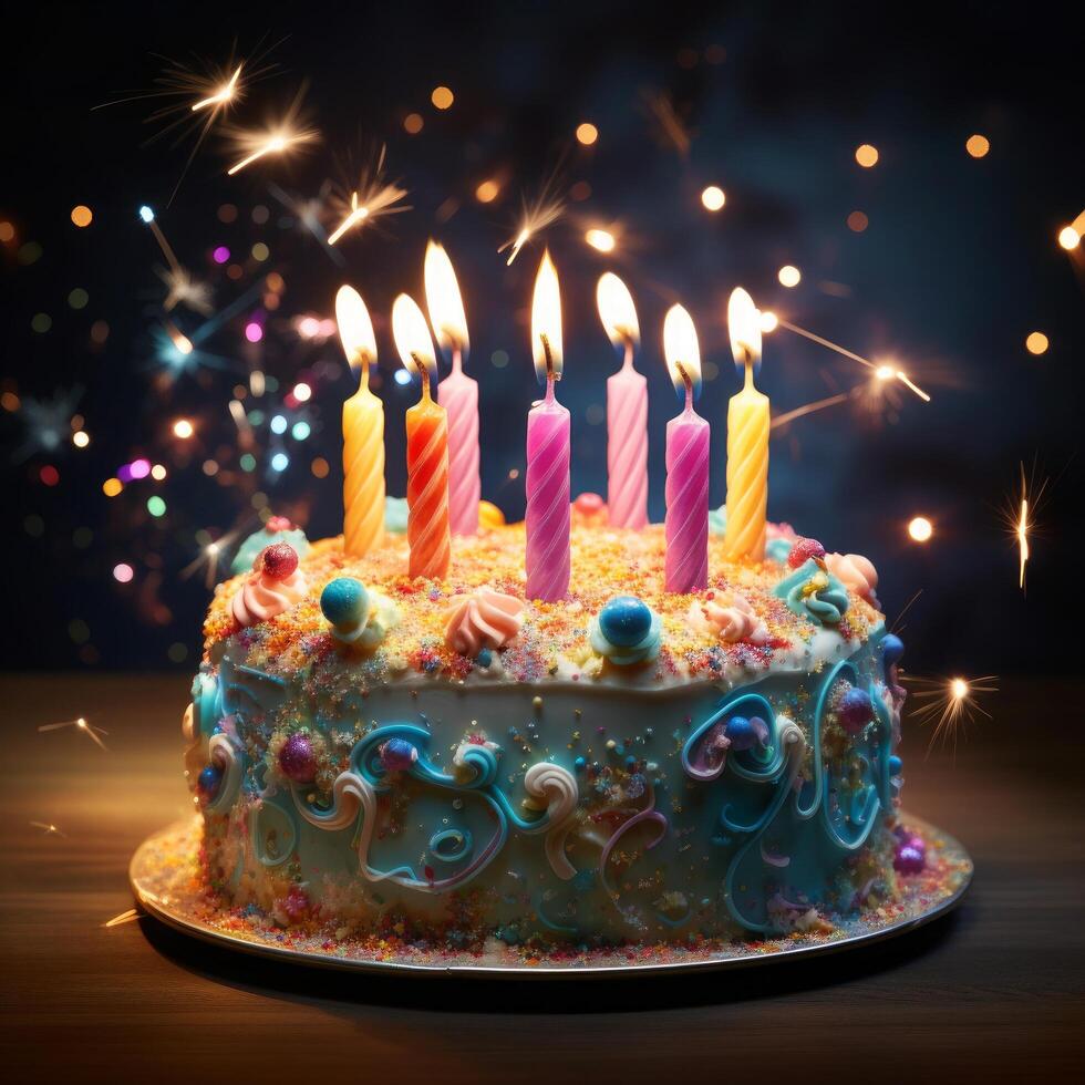 Birthday cake with colored candles on wooden table and black background photo
