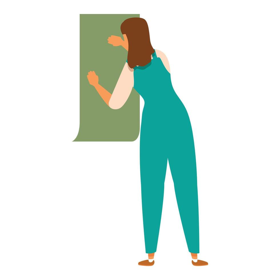 Female worker installing wallpaper, creating stylish living space vector