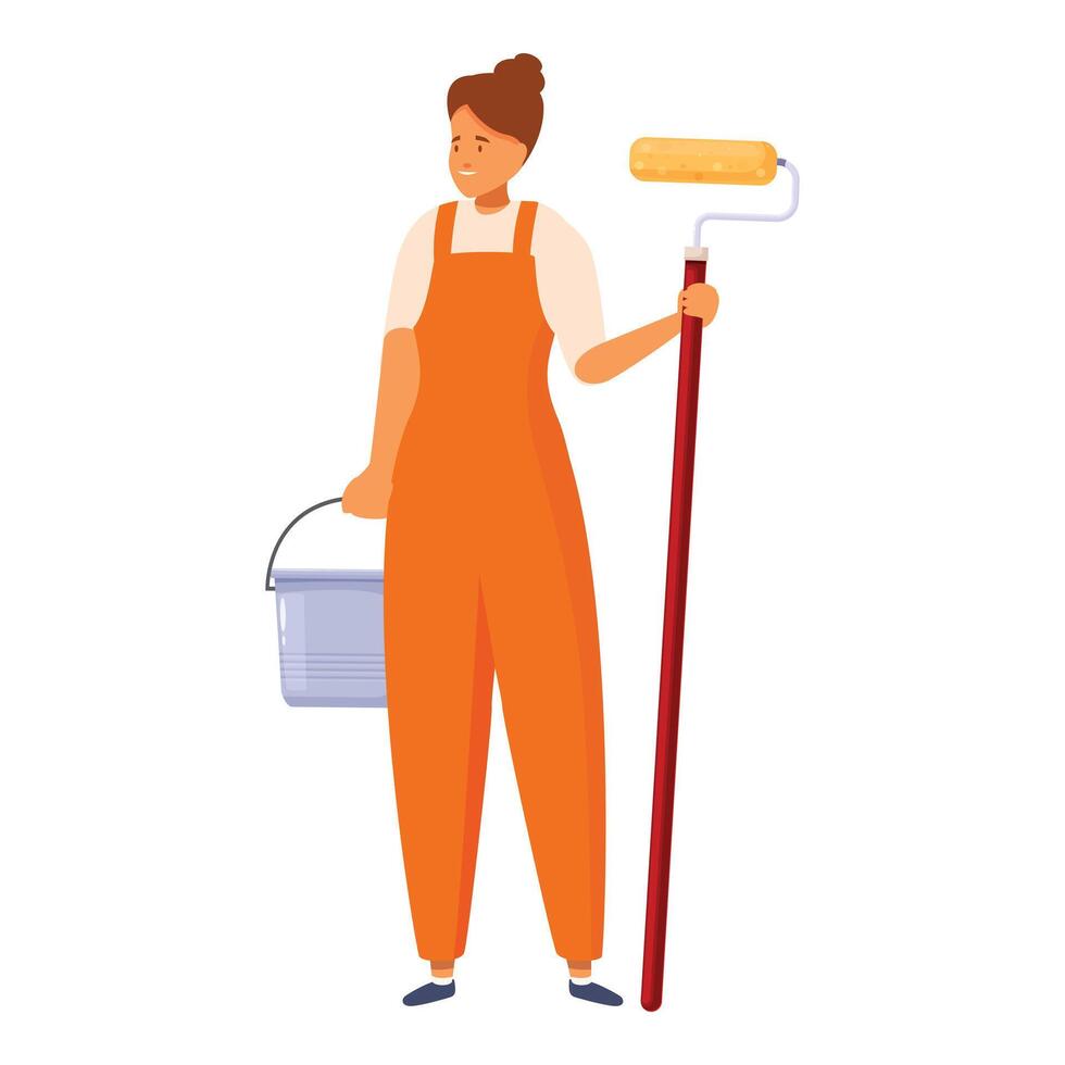 Female painter holding paint roller and bucket, ready to paint vector