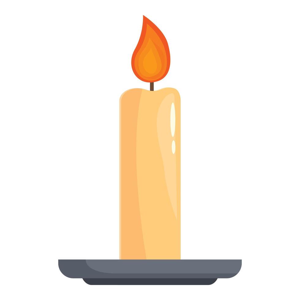 Burning paraffin candle with melting wax on a plate is standing on a white background vector