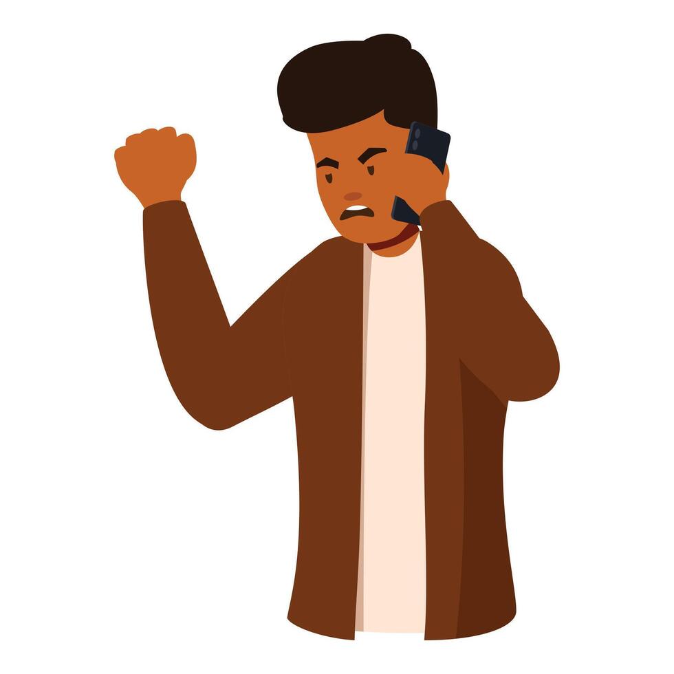 Angry man talking on mobile phone raising fist vector