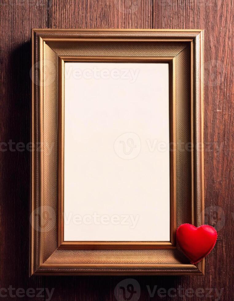Blank vintage photo frame mockup with heart decoration. Elegant ornate frame with red heart on rustic wooden table background for presentation and display love-themed projects.