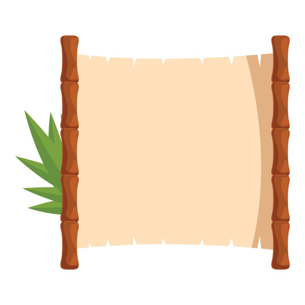 Blank parchment scroll hanging on bamboo sticks with tropical leaf accent vector